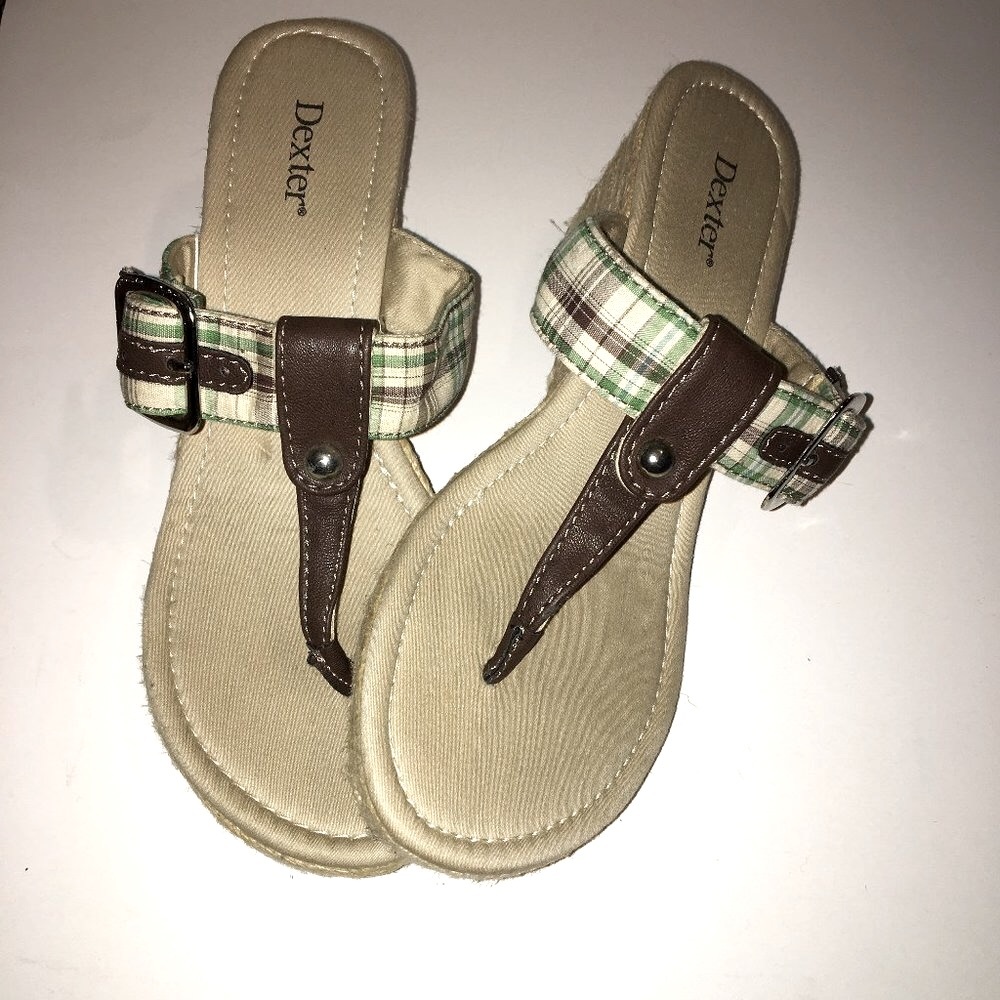 DEXTER Thong Sandal Wedge Plaid, Sz:8, NWT